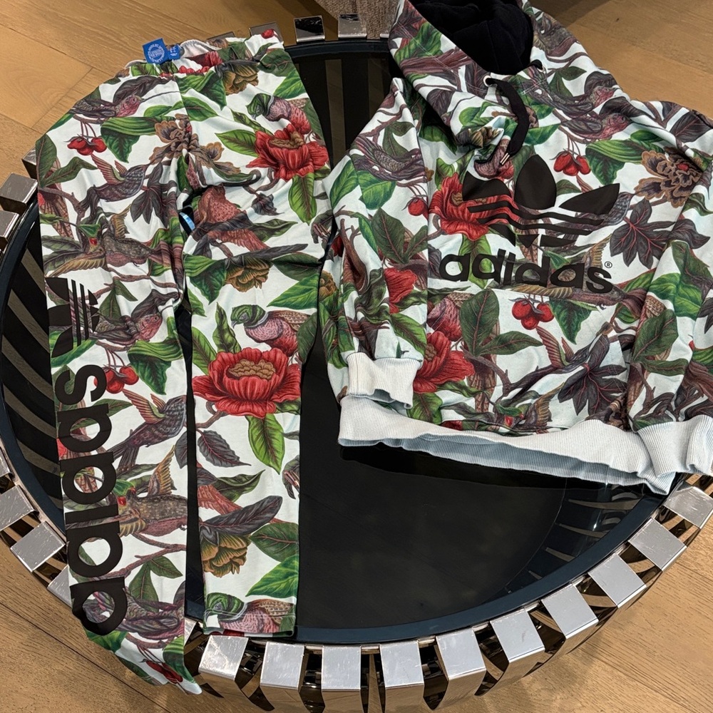 Adidas Womens Floral Jacket and Pants Set - Light Blue, Red and Green